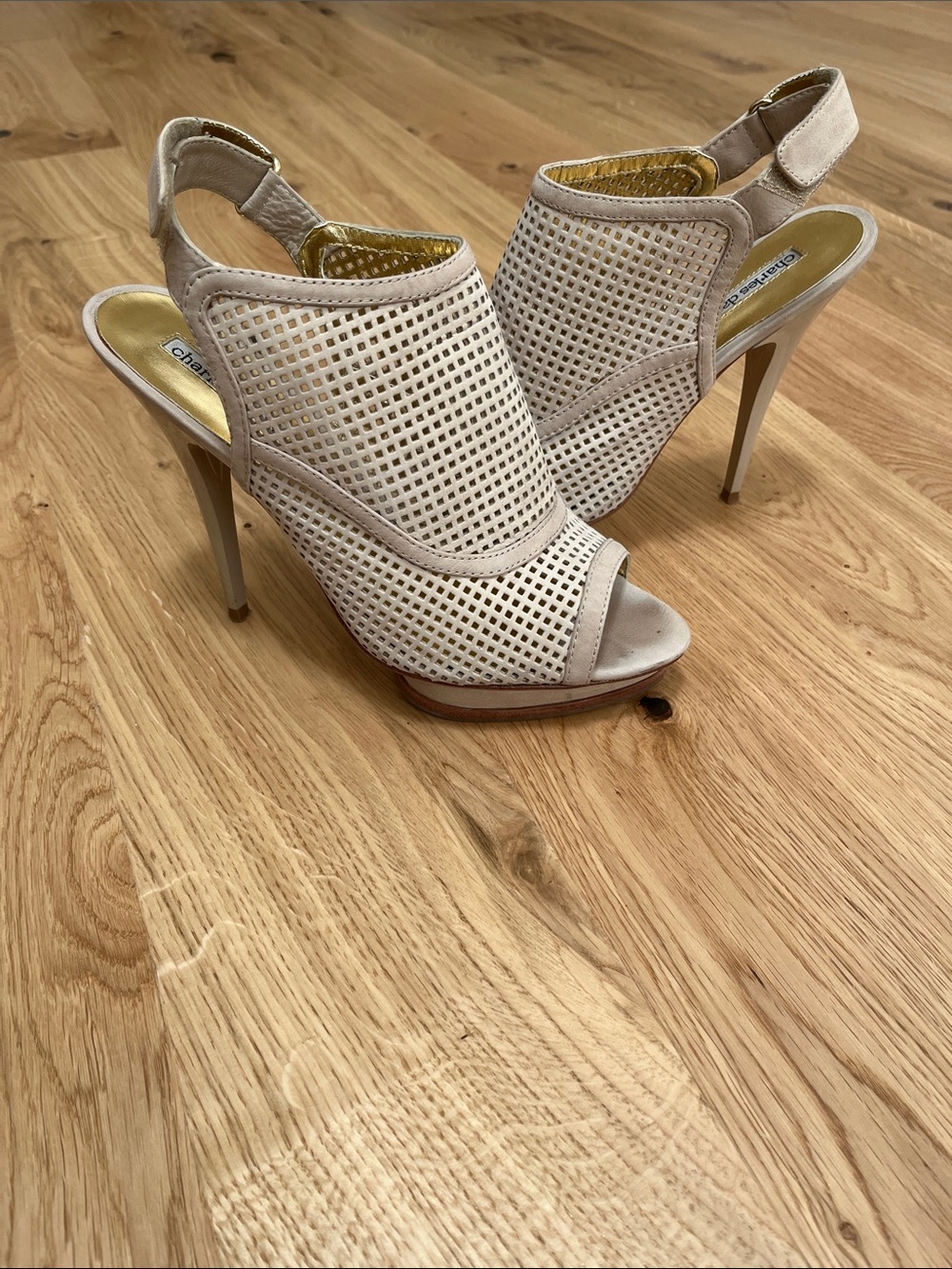 Charles David Beige Perforated Peep-Toe Slingback Heels